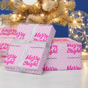 Pink tartan Christmas Merry Bright Family name Wrapping Paper
