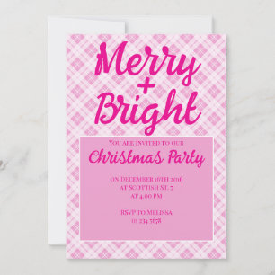 Pink tartan Christmas Party holidays Merry Bright Invitation