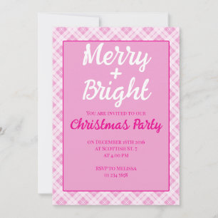 Pink tartan Christmas Party holidays Merry Bright Invitation