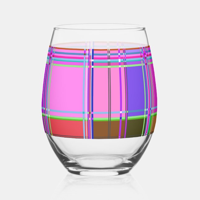 Pink tartan Fabric Pattern Cloth Madras Stemless Wine Glass (Front)