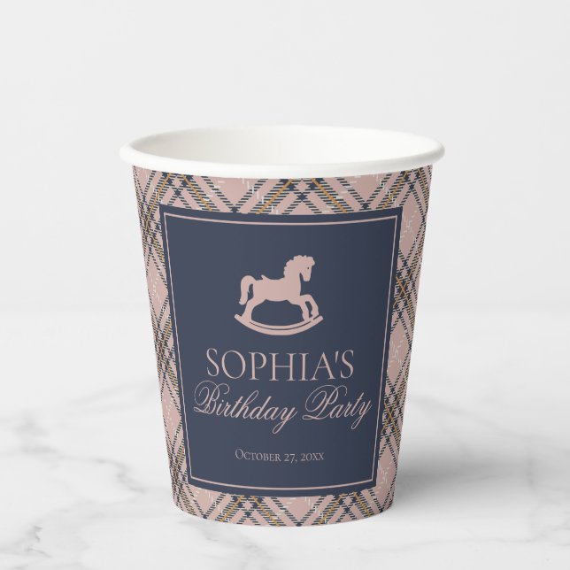 Pink Tartan Plaid Classic Rocking Horse Birthday Paper Cups (Front)