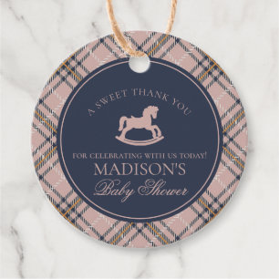 Pink Tartan Plaid Rocking Horse Baby Shower Circle Favour Tags