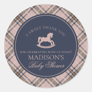 Pink Tartan Plaid Rocking Horse Baby Shower Favor Classic Round Sticker