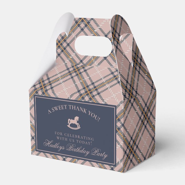 Pink Tartan Plaid Rocking Horse Birthday Favor Box (Front Side)