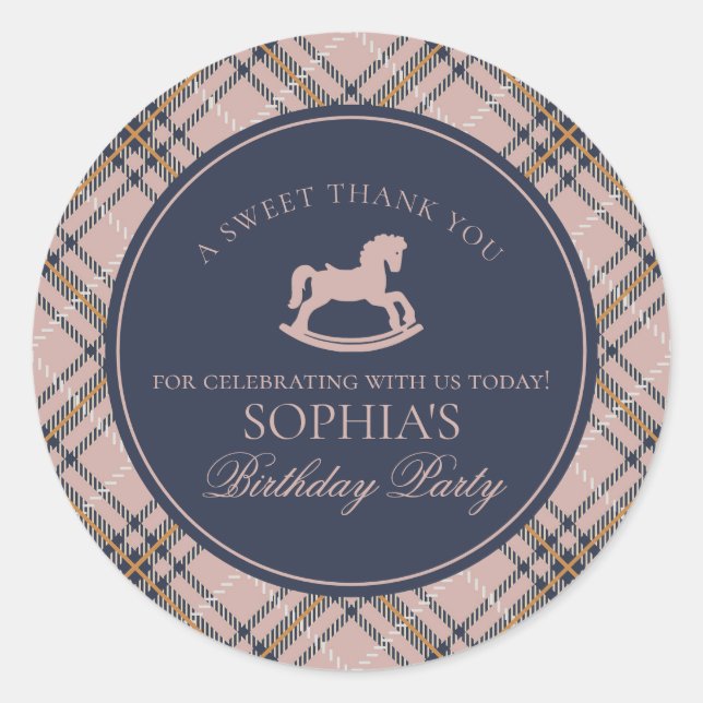 Pink Tartan Plaid Rocking Horse Birthday Favor Classic Round Sticker (Front)