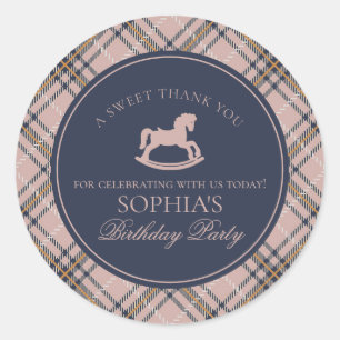Pink Tartan Plaid Rocking Horse Birthday Favour Classic Round Sticker