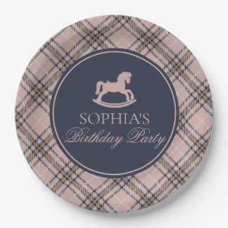 Pink Tartan Plaid Rocking Horse Birthday Party Paper Plate