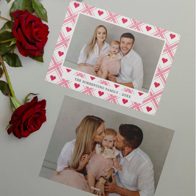 Pink Tartan Red Heart 2 photo family valentine  Holiday Card (Creator Uploaded)