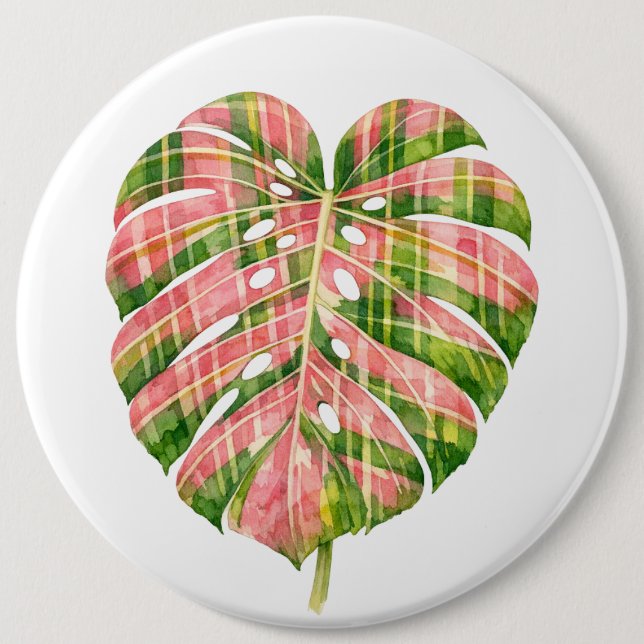 Pink Tartan Scottish Monstera Watercolour Botanic 6 Cm Round Badge (Front)