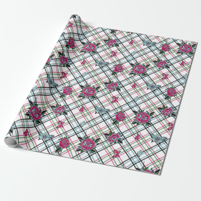 Pink Tattoo Roses Wrapping Paper (Unrolled)