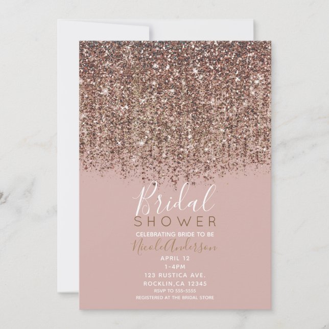 Pink Taupe Bronze Gold Glitter Glam Bridal Shower Invitation (Front)