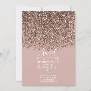 Pink Taupe Bronze Gold Glitter Sweet 16 Party Invitation