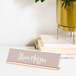 Pink Taupe Sketched Cursive Script Desk Name Plate