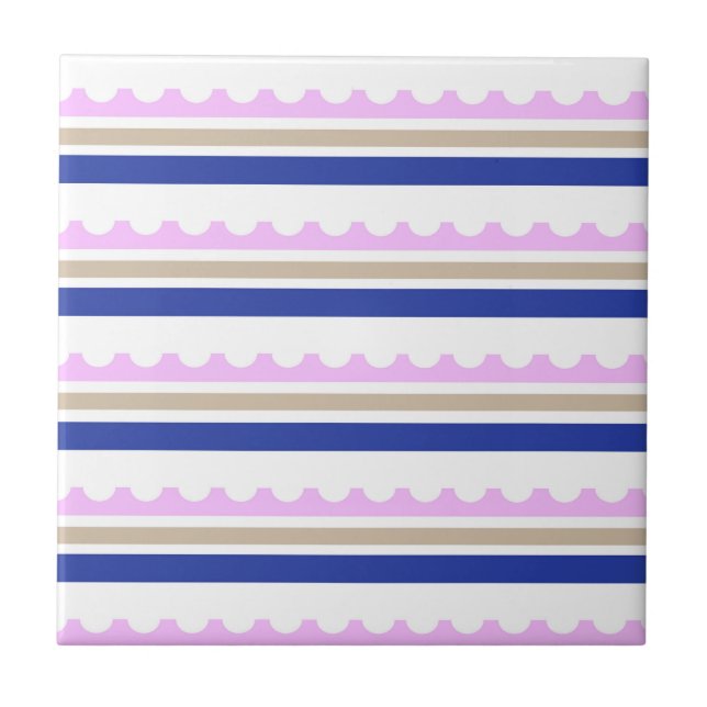 Pink Taupe White Blue Stripe Scallop Pattern print Tile (Front)