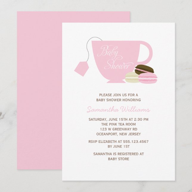 Pink Tea Cup and Macarons Girl Baby Shower Invitation (Front/Back)