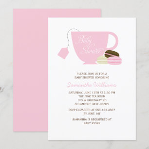 Pink Tea Cup and Macarons Girl Baby Shower Invitation
