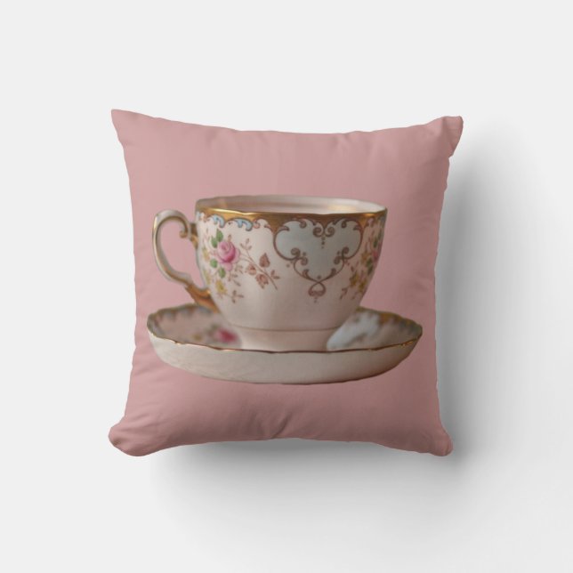Pink Tea Cup and Saucer with Roses Pillow (Front)