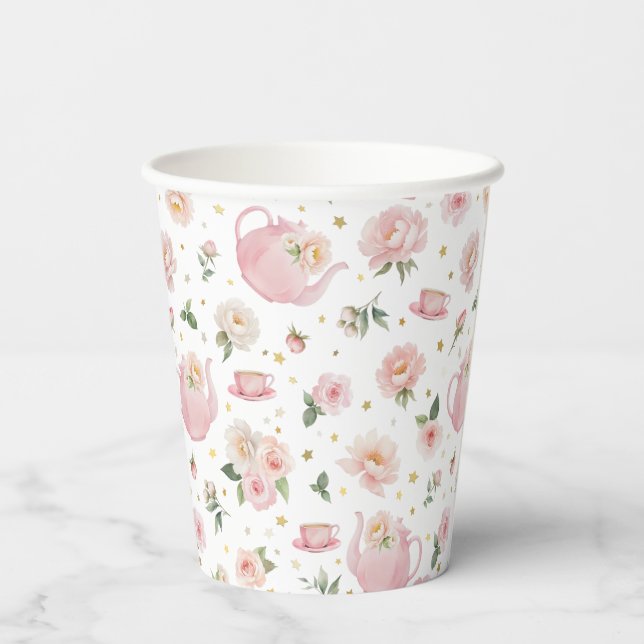 Pink Tea Party Baby Shower Paper Cups (Back)