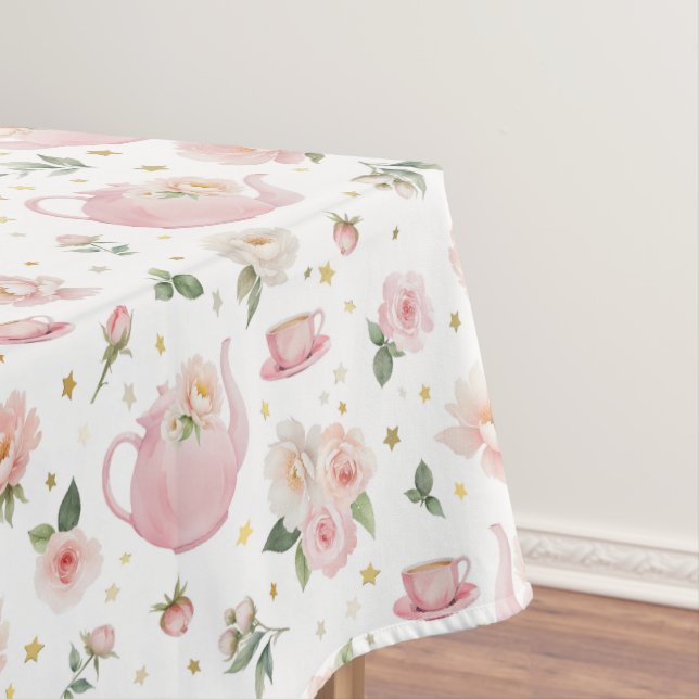 Pink Tea Party Baby Shower Tablecloth (In Situ)