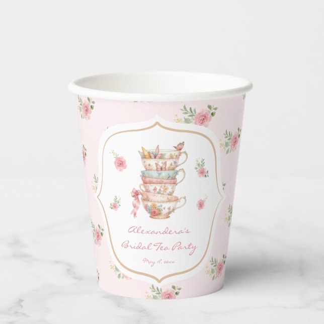 Pink Tea Party Bridal Shower Paper Cups (Front)