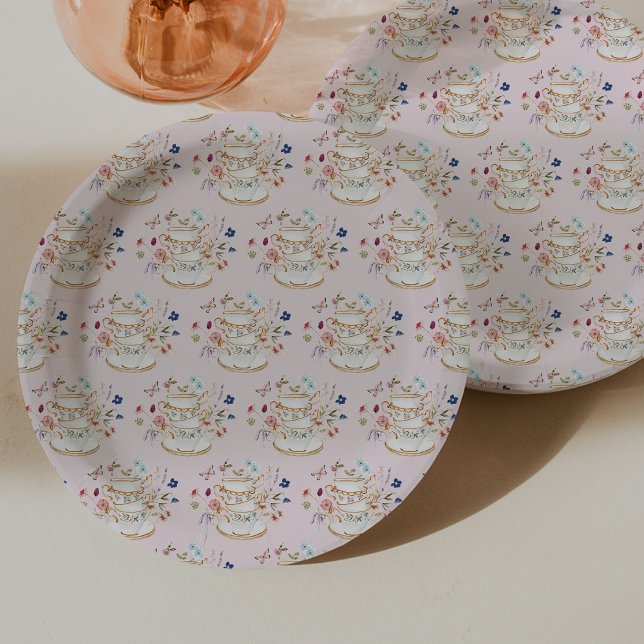 Pink Tea Party Bridal Shower Paper Plate (Pink Tea Party Bridal Shower Paper Plates by Painted Paperie
)