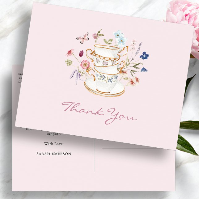 Pink Tea Party Bridal Shower Postcard (Pink Wildflower Tea Party Bridal Shower Postcard with Butterfly by Painted Paperie
)