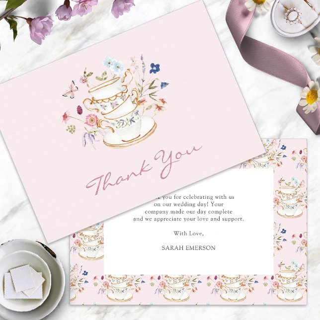 Pink Tea Party Bridal Shower Thank You Card (Pink Tea Party Bridal Shower Thank You Card with Butterfly by Painted Paperie
)
