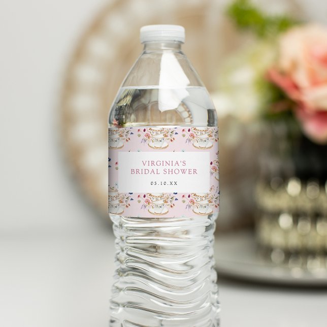 Pink Tea Party Bridal Shower Water Bottle Label (Floral Pink Tea Party Bridal Shower Water Bottle Label by Painted Paperie
)
