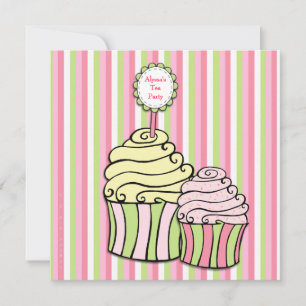 Pink Tea Party Cupcake Striped Party Invite