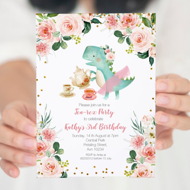 Pink Tea Party Dinosaur 3rd Birthday Invitation (Creator Uploaded)