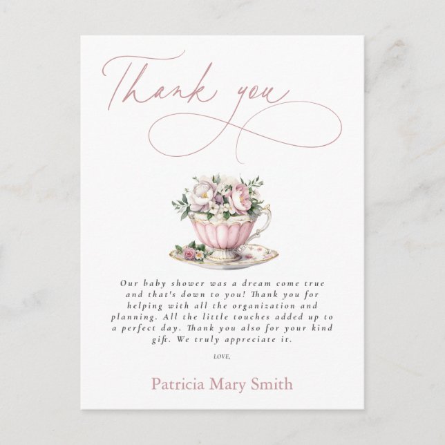 Pink Tea Party Girl Baby Shower Thank You  Postcard (Front)