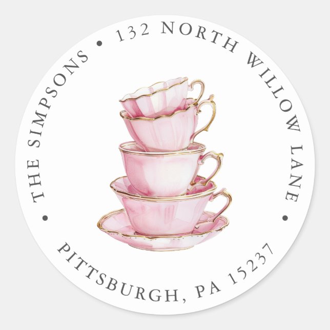 Pink Tea Party Return Address Classic Round Sticker (Front)
