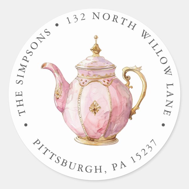 Pink Tea Party Return Address Classic Round Sticker (Front)