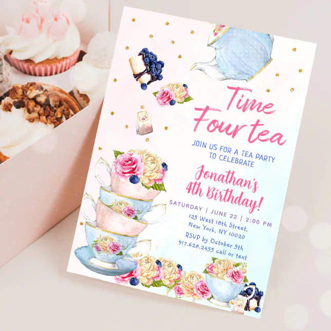 Time Four Tea Invitation Pink Tea Party Time Four Tea Birthday Invitation | Zazzle