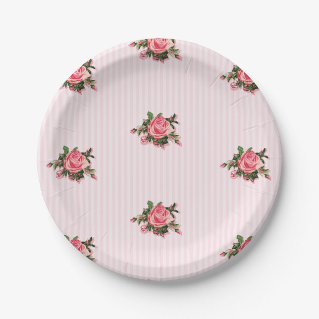 Pink Tea Roses Paper Plate (Front)