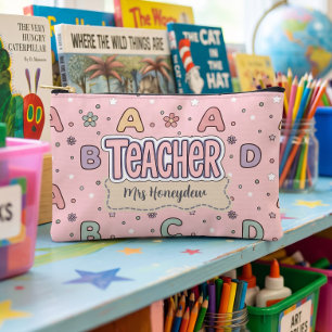 Pink Teacher Appreciation School Letters Pattern Accessory Pouch