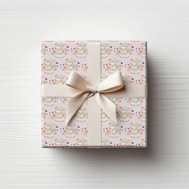 Pink Teacup Wrapping Paper (Pink Floral Teacup Bridal Shower Wrapping Paper by Painted Paperie
)