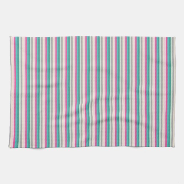 Pink Teal and Grey Striped Tea Towel (Horizontal)