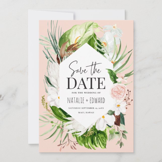 Pink, teal and orchid tropical floral save the date (Front)