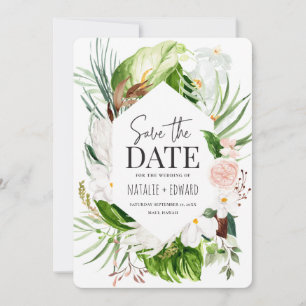 Pink, teal and orchid tropical floral save the date