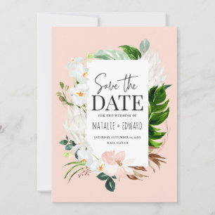 Pink, teal and orchid tropical floral save the date
