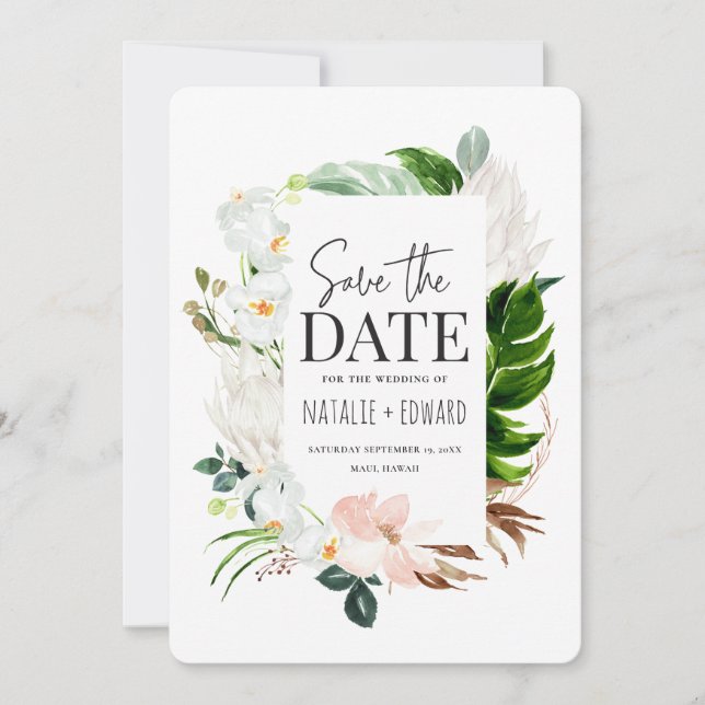Pink, teal and orchid tropical floral save the date (Front)