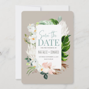 Pink, teal and orchid tropical floral save the date