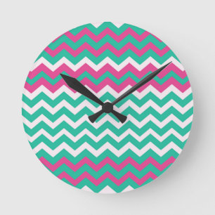 Pink,Teal and White Zigzags. Round Clock