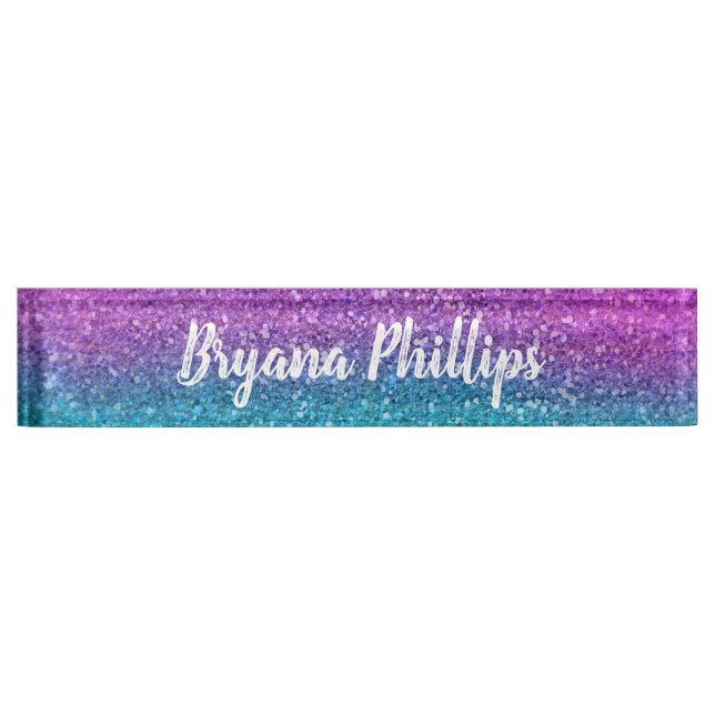 Pink Teal Aqua Blue & Purple Sparkly Glitter Nameplate (Front)