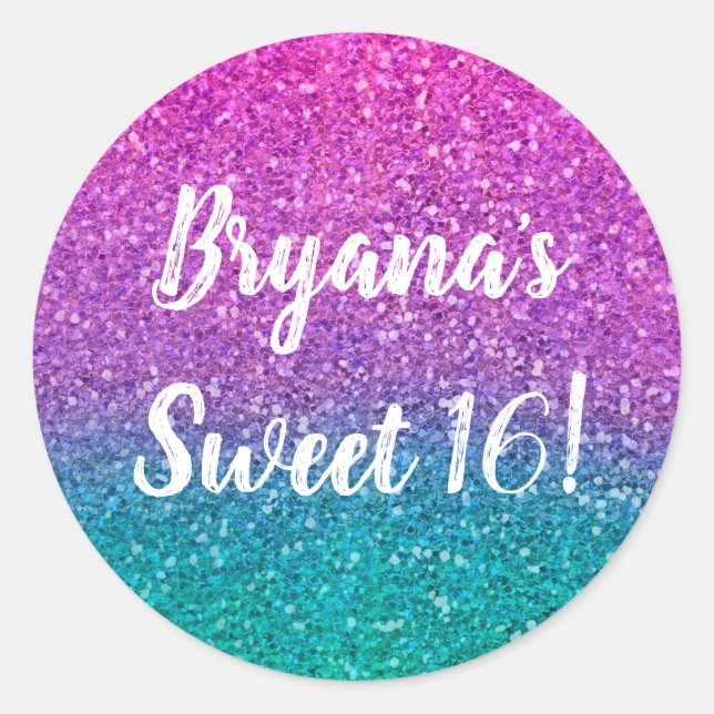 Pink Teal Aqua Blue & Purple Sparkly Glitter Party Classic Round Sticker (Front)