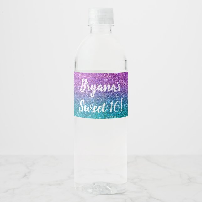 Pink Teal Aqua Blue & Purple Sparkly Glitter Party Water Bottle Label (Front)