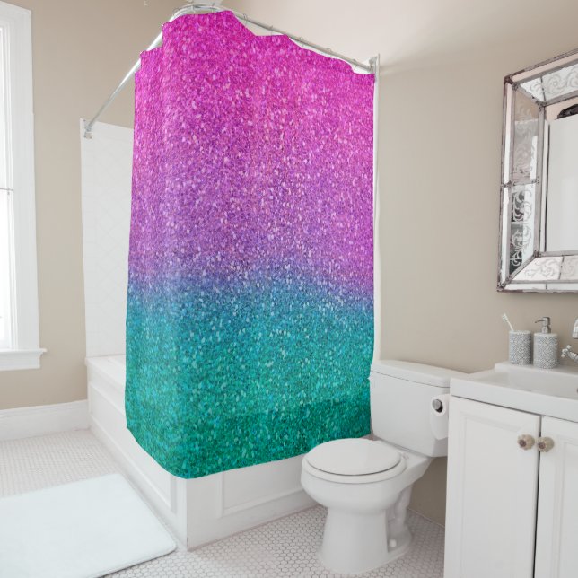 Pink Teal Aqua Blue & Purple Sparkly Glitter Shower Curtain (In Situ)