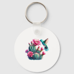 Pink Teal Aqua Cactus Bloom Hummingbird For Women Key Ring