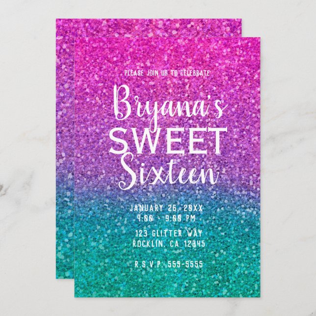 Pink Teal Aqua  & Purple Sparkly Glitter Sweet 16 Invitation (Front/Back)